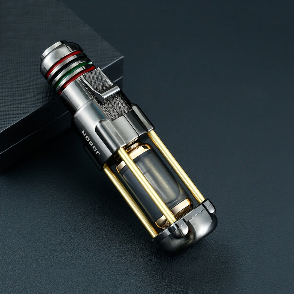 Butane Torch Lighter Windproof Jet Flame Zinc Alloy Refillable, Visible Fuel Tank, Adjustable Blue Flame