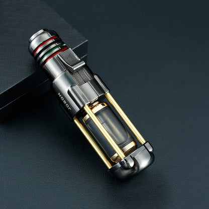 Butane Torch Lighter Windproof Jet Flame Zinc Alloy Refillable, Visible Fuel Tank, Adjustable Blue Flame