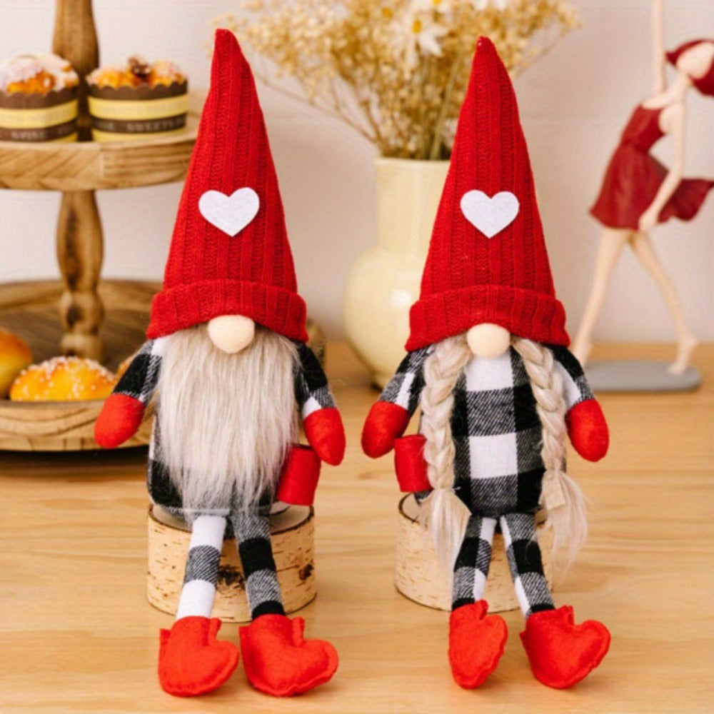 Sitting Gnome Figurine Set of Two with Long Heart-Accent Hats in Black, Khaki or Red Style Options