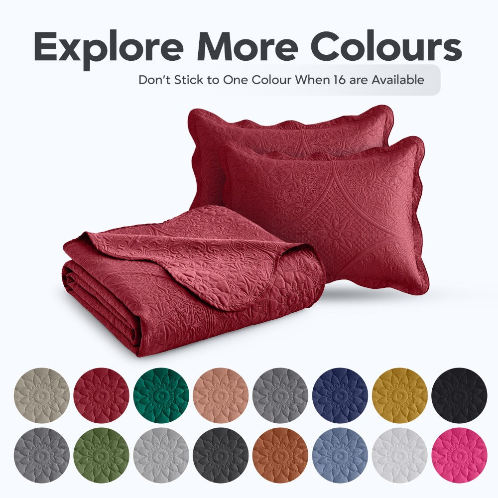 Floral-Pattern Three-Piece Bedspread Set in 16 Colors with Twin, Queen, King and California King Sizes