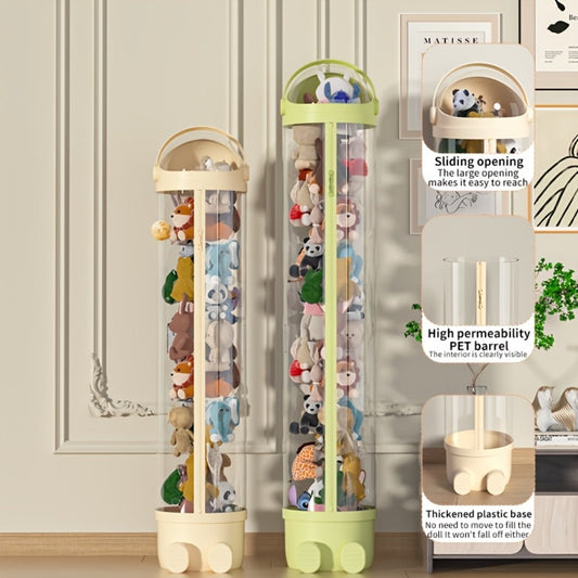 Stuffed Animal Storage Bin Transparent Cylindrical with Zipper, Large Plush Toy Organizer for Kids Bedroom Living Room
