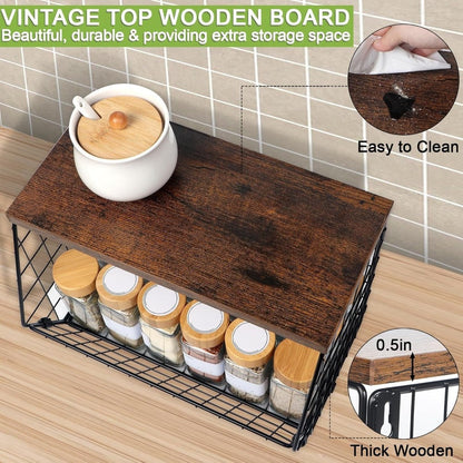Wall-Mounted Fruit Basket with Wooden Cover – 2-Tier Metal Kitchen Storage Basket with Hooks, Stackable Hanging Organizer for Potatoes