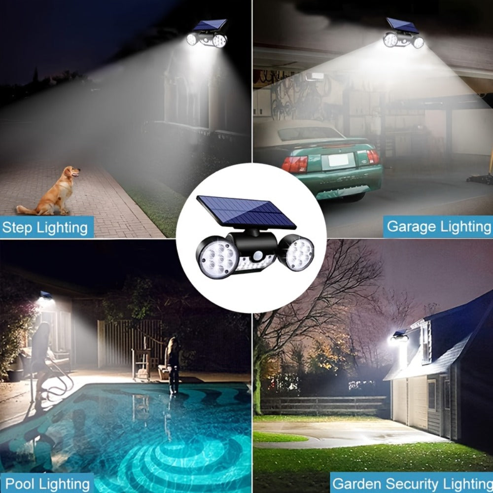 Motion Sensor Solar Security Light 30 LED Dual Head - 360° Adjustable Outdoor Wall Spotlight for Garden Garage Driveway Patio Backyard