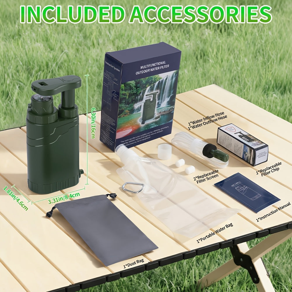 Portable Hand-Pump Water Filter Kit with Green Pump, Clear Hose, Filter Cartridge, Bag and Pictured Accessories