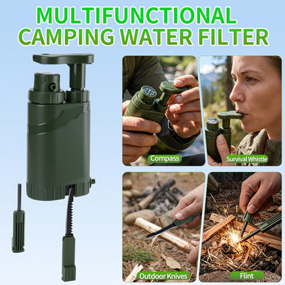 Portable Hand-Pump Water Filter Kit with Green Pump, Clear Hose, Filter Cartridge, Bag and Pictured Accessories