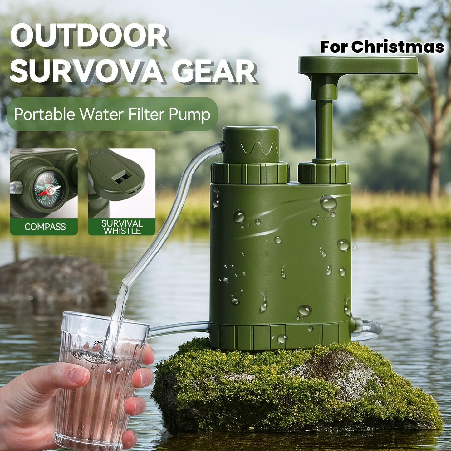 Portable Hand-Pump Water Filter Kit with Green Pump, Clear Hose, Filter Cartridge, Bag and Pictured Accessories