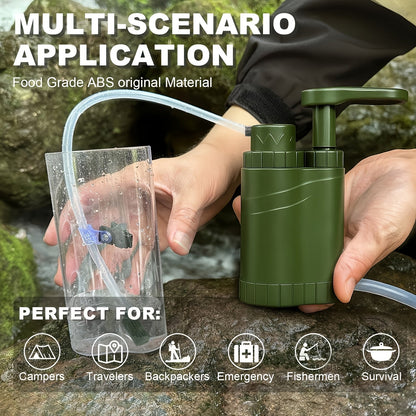 Portable Hand-Pump Water Filter Kit with Green Pump, Clear Hose, Filter Cartridge, Bag and Pictured Accessories
