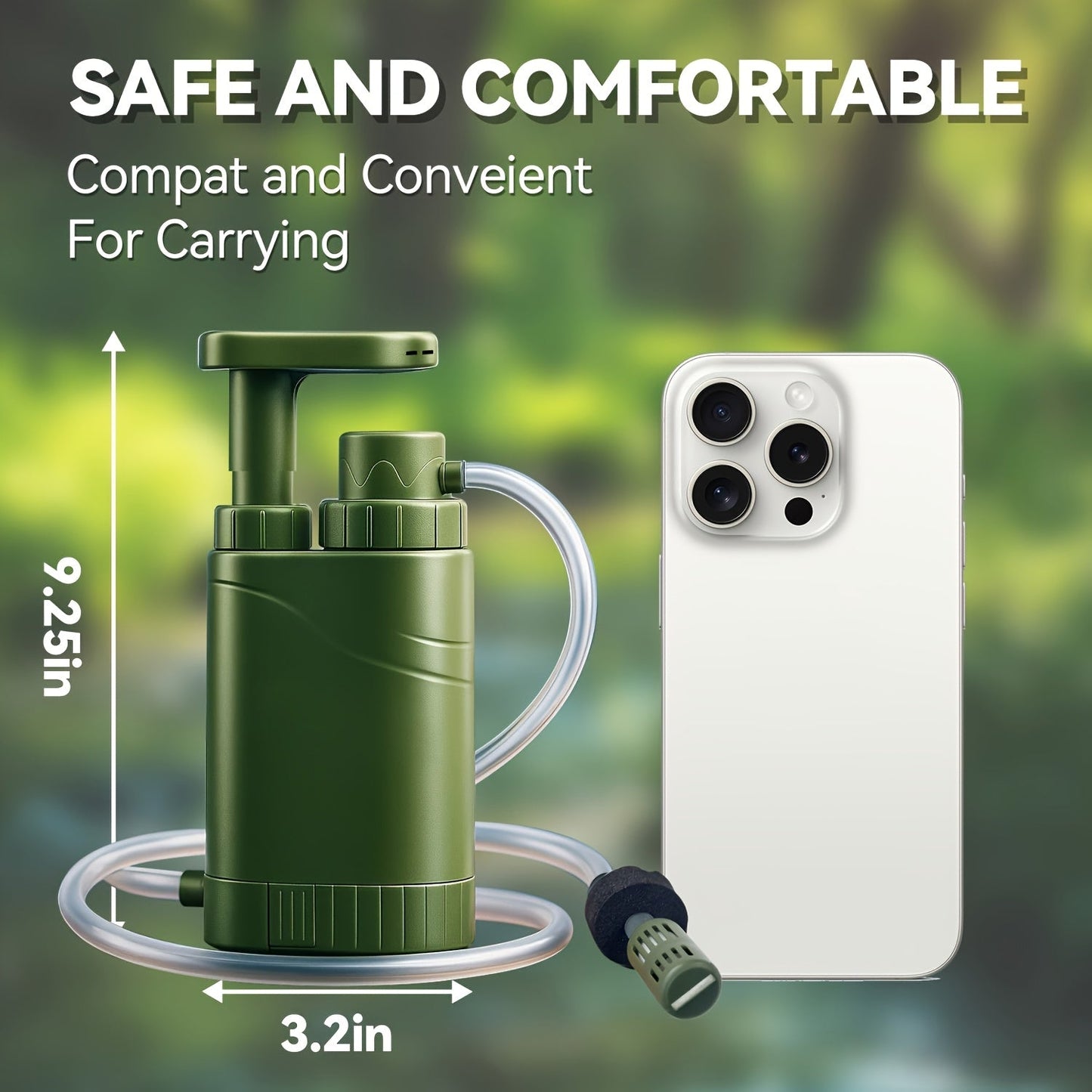Portable Hand-Pump Water Filter Kit with Green Pump, Clear Hose, Filter Cartridge, Bag and Pictured Accessories