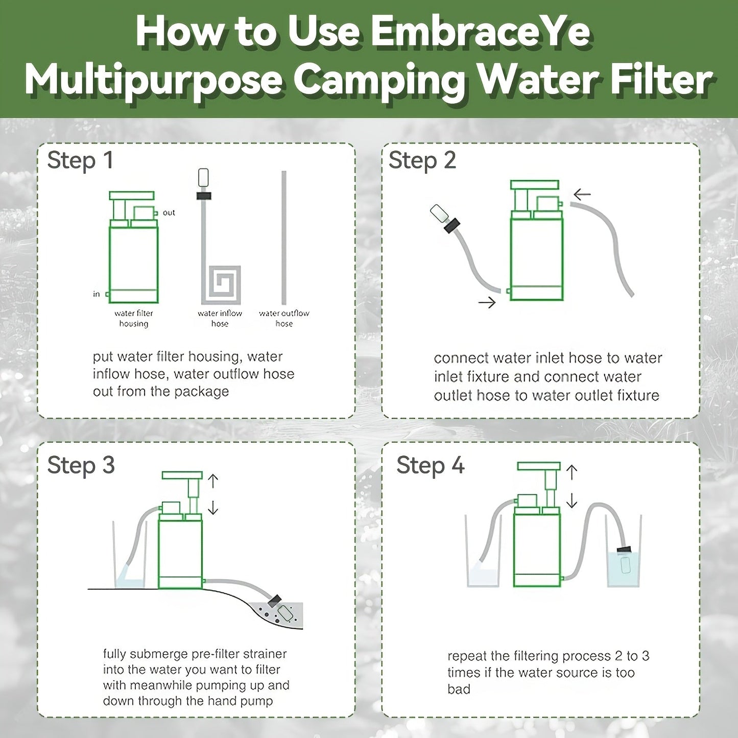 Portable Hand-Pump Water Filter Kit with Green Pump, Clear Hose, Filter Cartridge, Bag and Pictured Accessories
