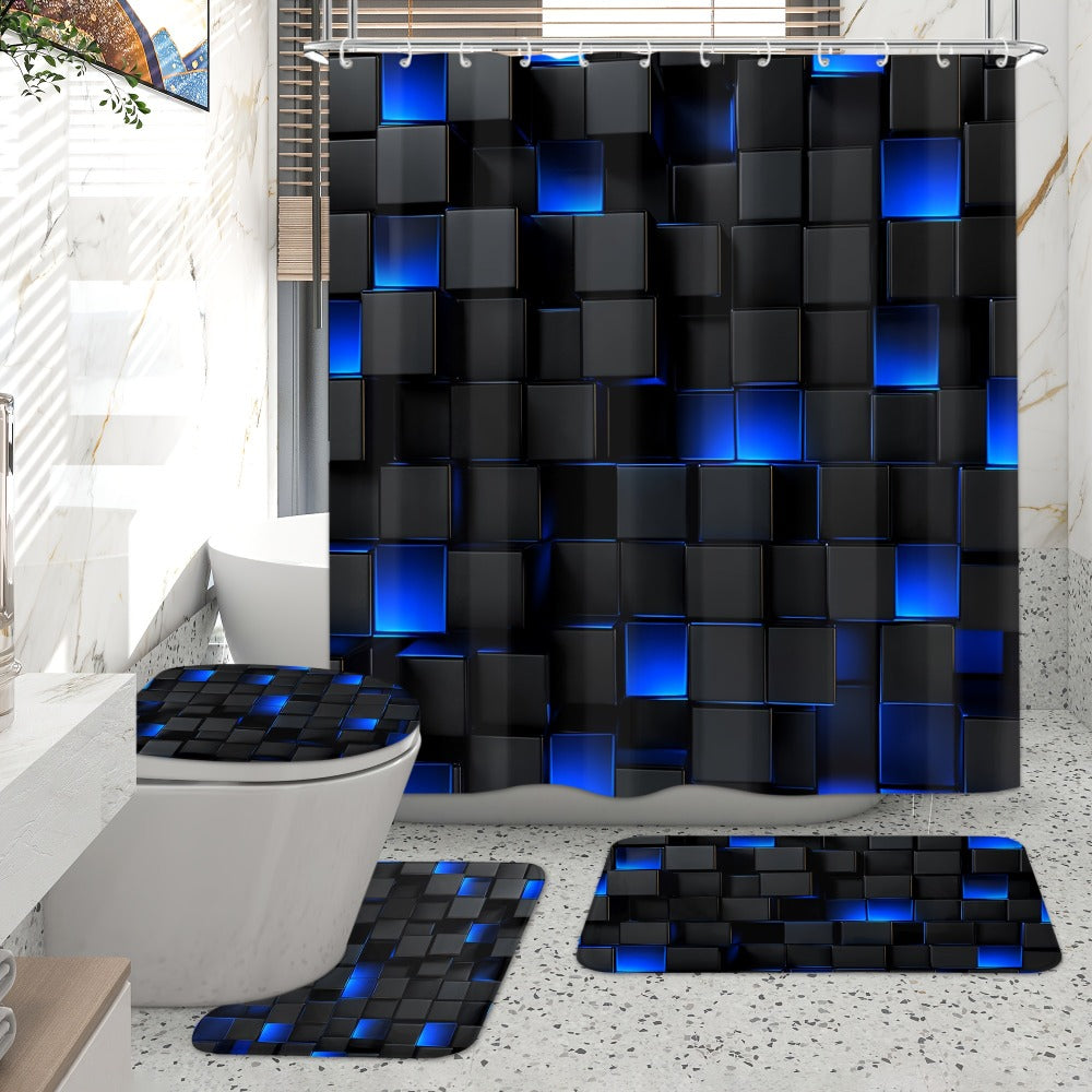 Shower Curtain Set with 12 Hooks & Toilet Seat Cover, 4-Piece Bathroom Set Dark Blue Geometric Abstract Cube Pattern