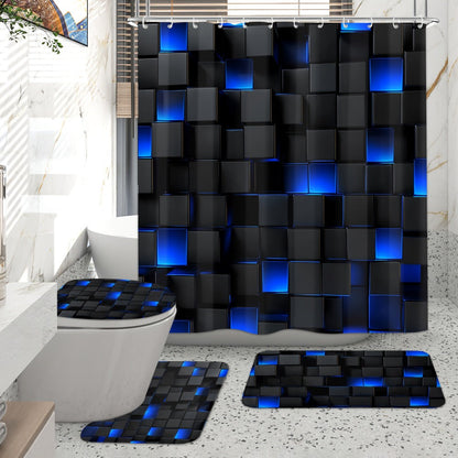 Shower Curtain Set with 12 Hooks & Toilet Seat Cover, 4-Piece Bathroom Set Dark Blue Geometric Abstract Cube Pattern