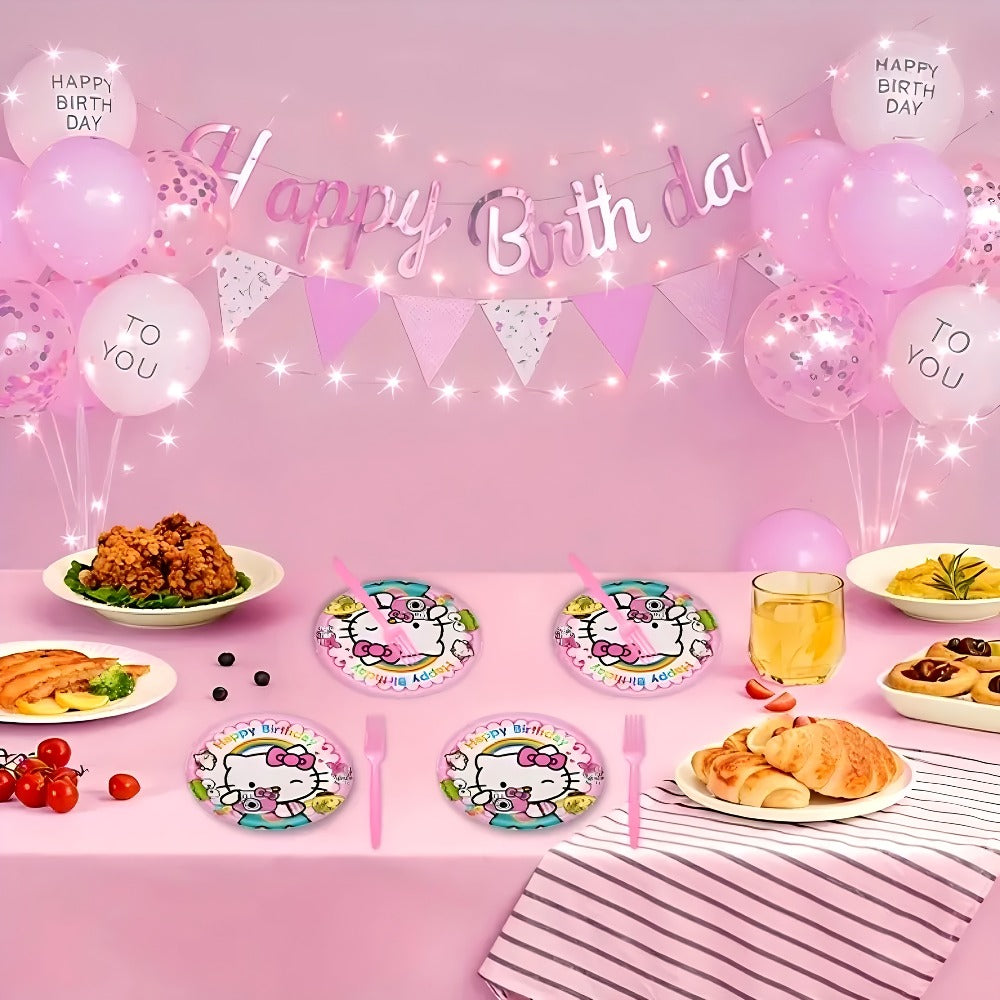 Party Decorations Hello Kitty 139-Piece Pink Birthday Set with Tableware, Banner, Balloons and Tablecloth
