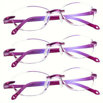 Reading Glasses – Three-Pair Rimless Metal Readers in Multiple Colors and Strengths with Multiple Strength and Color Options