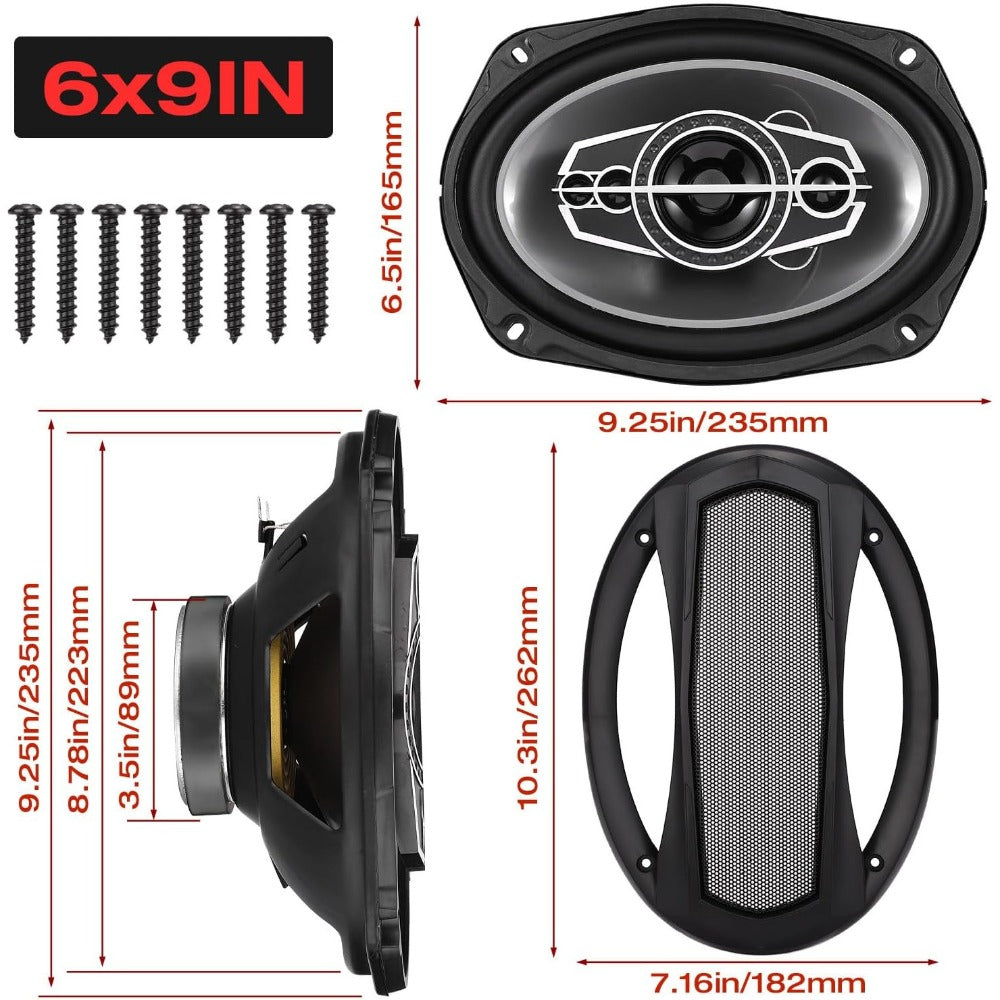 Pair of 6 x 9 Inch Five-Way Coaxial Car Speakers Labeled 1000W Peak, 120W RMS and 4 Ohms with Grilles