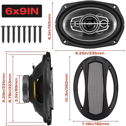 Pair of 6 x 9 Inch Five-Way Coaxial Car Speakers Labeled 1000W Peak, 120W RMS and 4 Ohms with Grilles