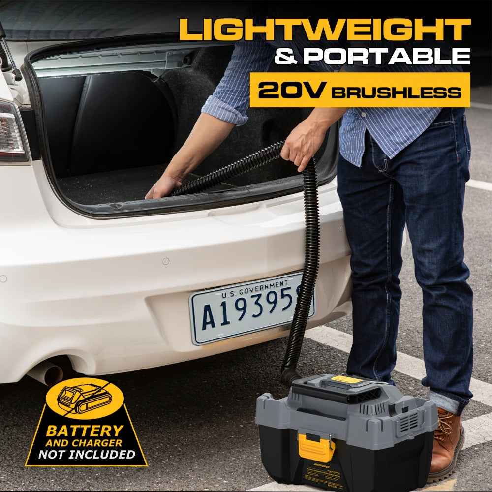 Cordless Wet Dry Vacuum 20V 2 Gallon - Powerful Suction Compatible with DeWalt 20V Batteries Long Hose 4 Nozzles Replacement Cartridge