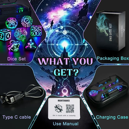 LED Dice Set 7pcs Wireless Rechargeable Light Up, Colorful Glowing Polyhedral Dice with Charging Box