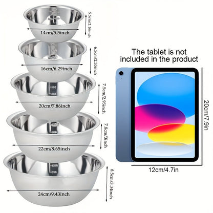 5-Piece Mixing Bowl Set with Five Nested Sizes and Source-Marked Capacity and Diameter Labels