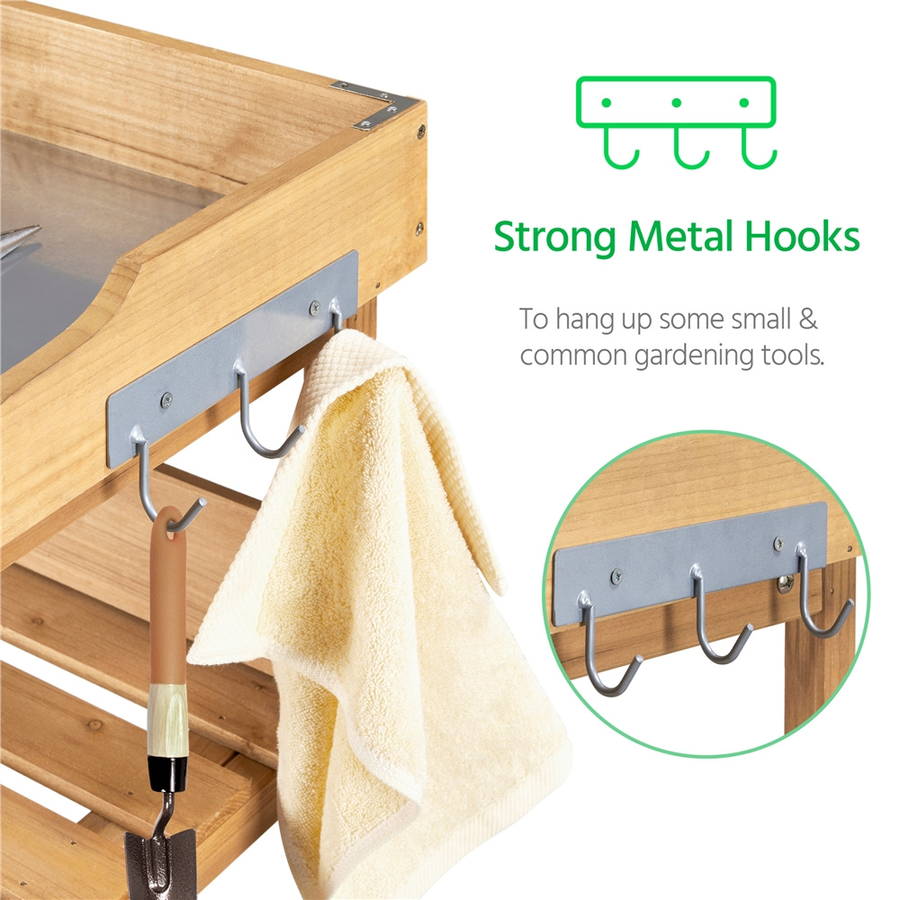 Rolling Potting Bench 3-Tier Wooden Garden Workstation Waist-High Galvanized Metal Top Lockable Casters for Garden, Patio and Yard Use
