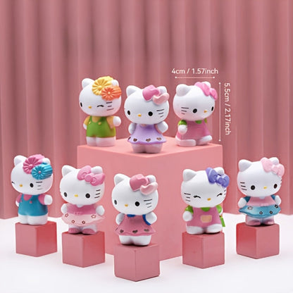 KT Cat Mini Figurine Set 8pcs, Cute Anime Desktop Ornaments Collectible Dolls for Entryways, Bedrooms and Living Spaces