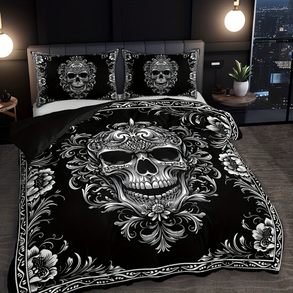 Skull Duvet Cover Set 3pcs – Gothic Victorian Baroque Black & White Skull Bedding with 2 Pillowcases, Digital Print Halloween Bedroom Decor