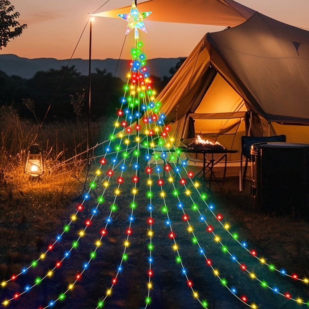 Christmas Tree Waterfall Fairy Lights 200 LED with Star Top Decoration, 8 Lighting Modes, Battery