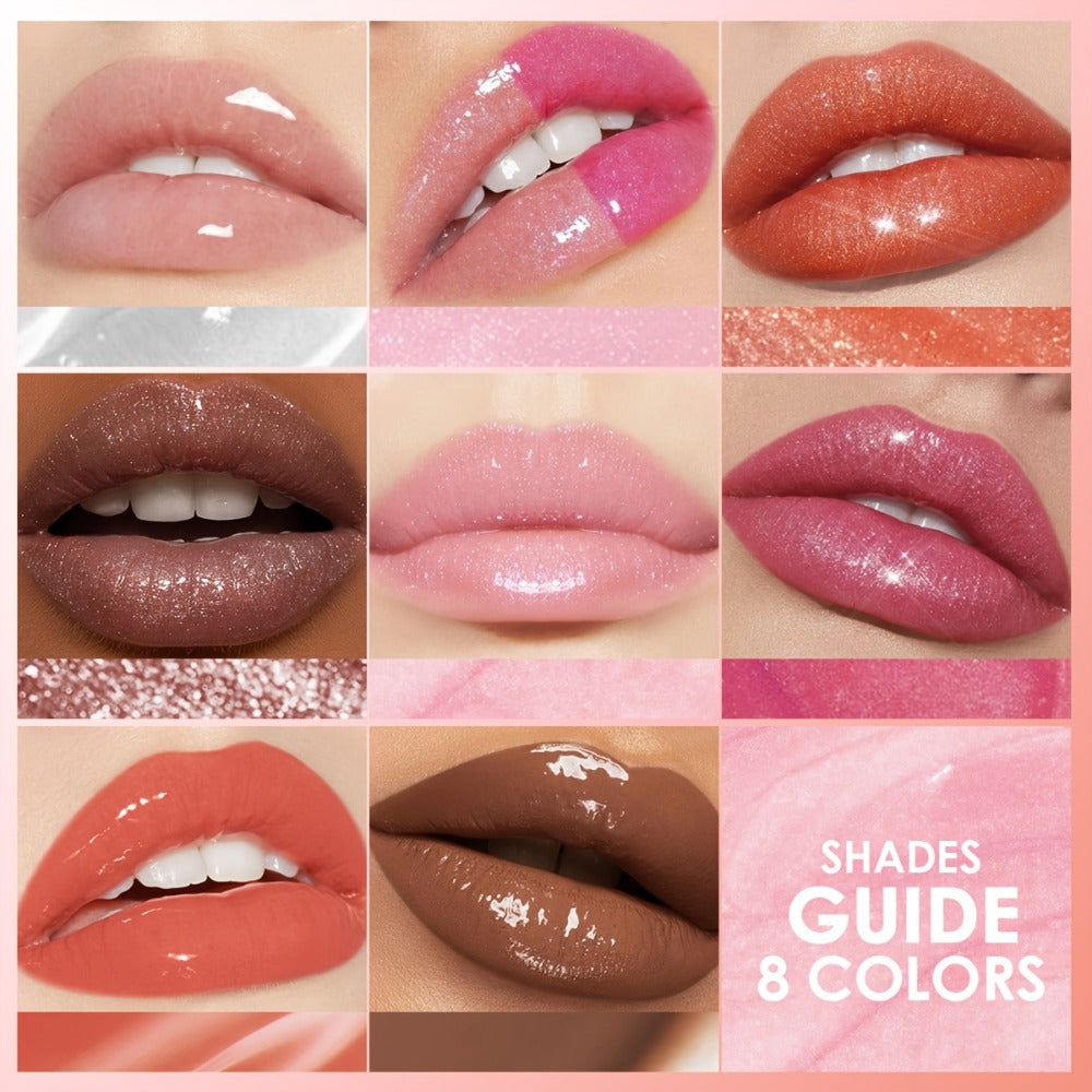 Pearlescent Glitter Lip Gloss Set 8 Pieces with Lip Oil Formula, for Makeup, Travel and Everyday Vanity Use