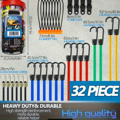 Bungee Cord Set 32 Pack Heavy Duty – Elastic Tie Down Cords in 10 18 24 40 Inch Lengths, 4 Sunshade Clips & 6 Ball Bungees