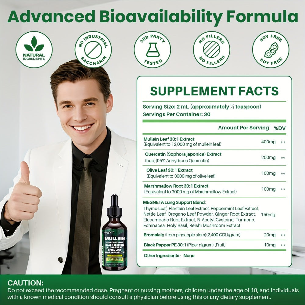 Mullein Leaf Liquid Drops for Lung Health & Respiratory Support, Natural Herbal Formula for Breathing Comfort