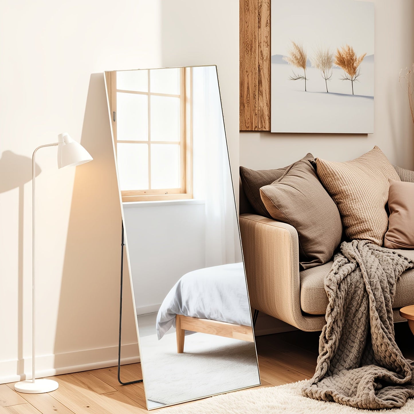 Full Length Mirror Floor Standing, Arched & Rect Body Mirror with Stand, Hanging or Leaning Wall Mirror, Aluminum Alloy Thin Frame