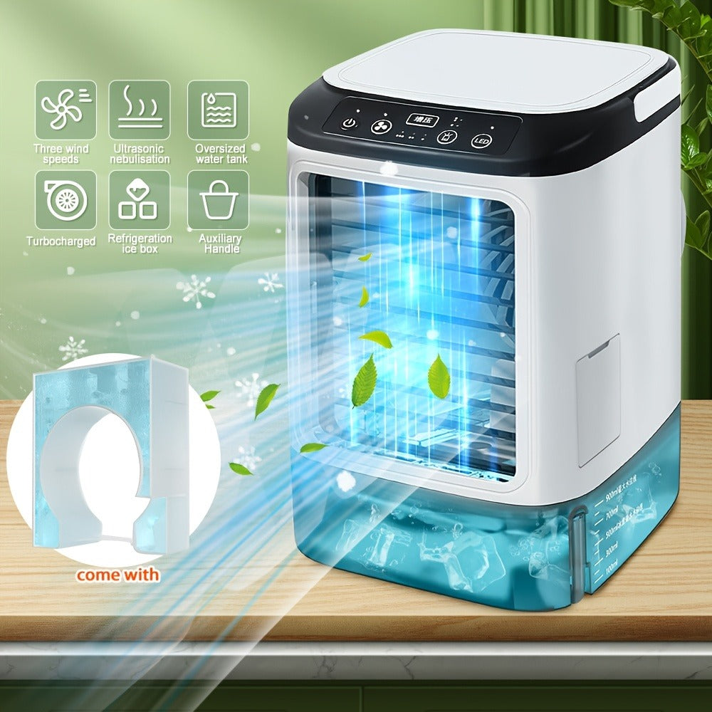 Portable Air Cooler Fan USB Humidifier with Rainbow Ambient Light, 3-Speed Atomization Misting Fan with Large Ice Box and Low Noise