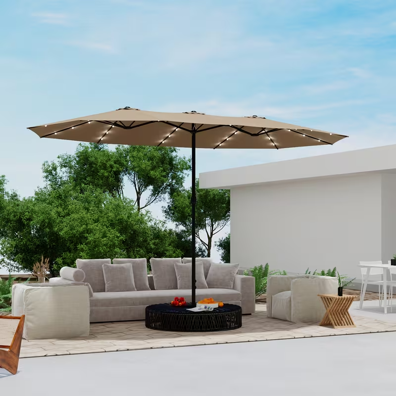 Patio Umbrella 15x9FT Double-Sided Rectangle with Optional 36 LEDs, 12-Rib Frame and Eight Color-Light Options
