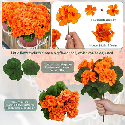 Artificial Flowers 13.77-Inch Geranium, Rose, Marigold or Hydrangea Styles in 8 and 16-Piece Options