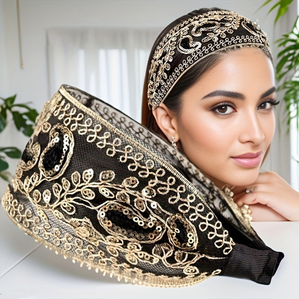 Lace Sequin Flower Headbands for Women 2pcs Wide Non-Slip Boho Retro Embroidered Hair Hoops for Daily Wear Spring Summer Wedding Party Chic