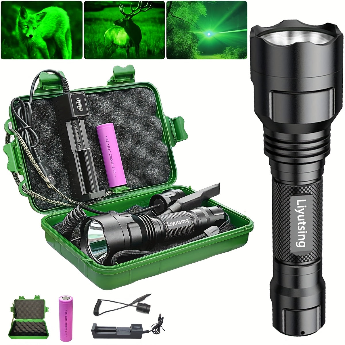 Flashlight Red, Green or White Hunting Light with Remote Switch, 18650 Battery and Mount Options