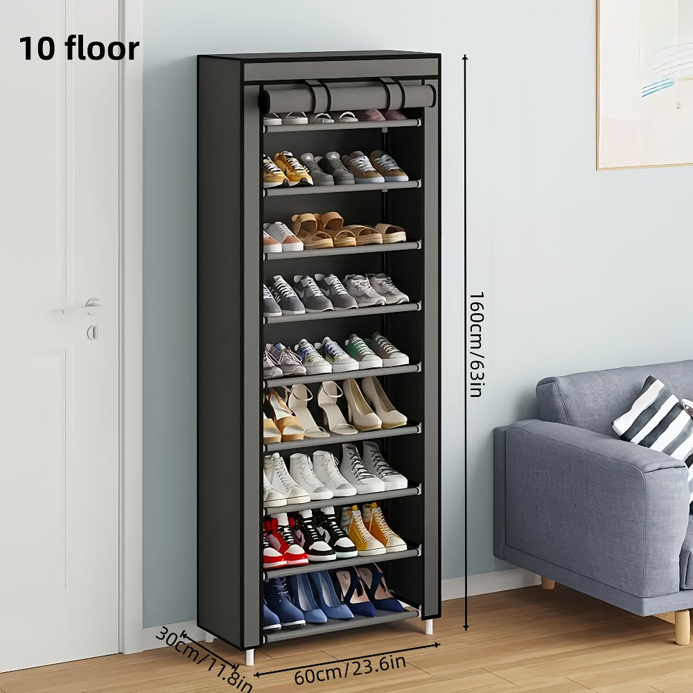 Shoe Rack with Dust Cover, 6/8/10 Tier High- Space Saving Shoe Organizer, Easy Assembly, 12mm Pipe
