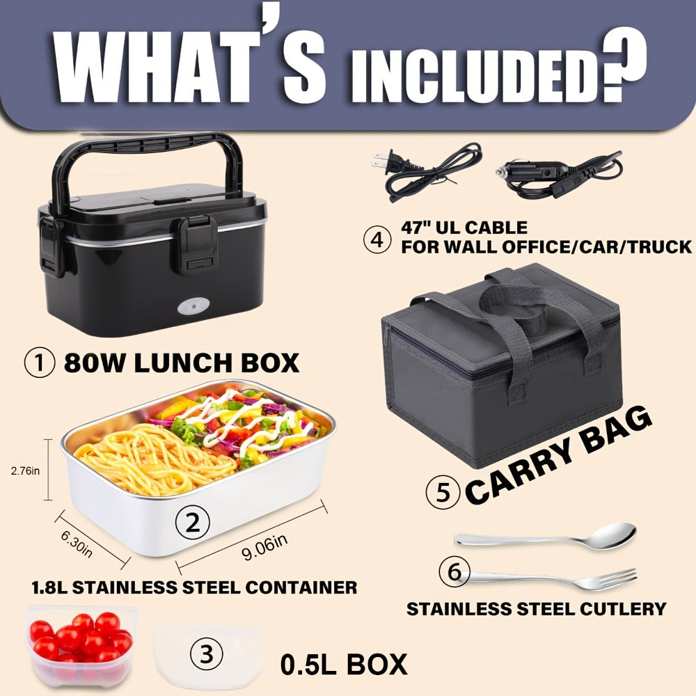 Electric Lunch Box Portable Food Warmer 60oz, 110V Home & 12V/24V Car Heated Meal Container, Stainless Steel