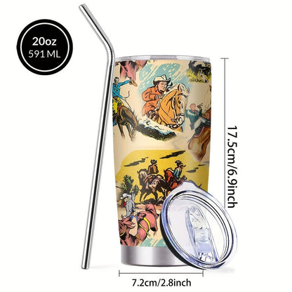 Insulated Tumbler 20oz Cowboy Western Graphic in Yellow Stainless Steel with Lid and Straw