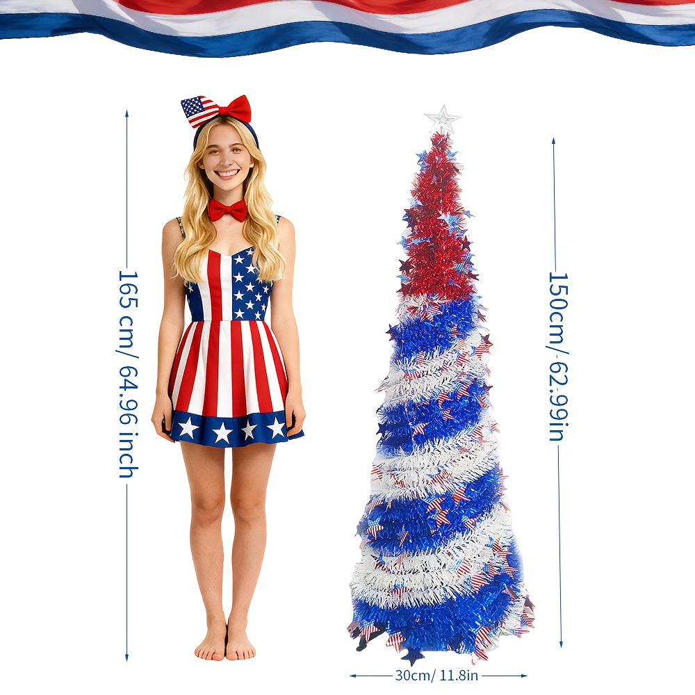 4th of July Patriotic Decoration Tree 5ft, Foldable LED Light String with Red White Blue Stars & Stripes