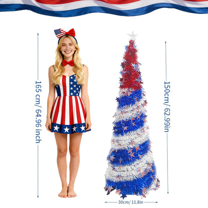 4th of July Patriotic Decoration Tree 5ft, Foldable LED Light String with Red White Blue Stars & Stripes