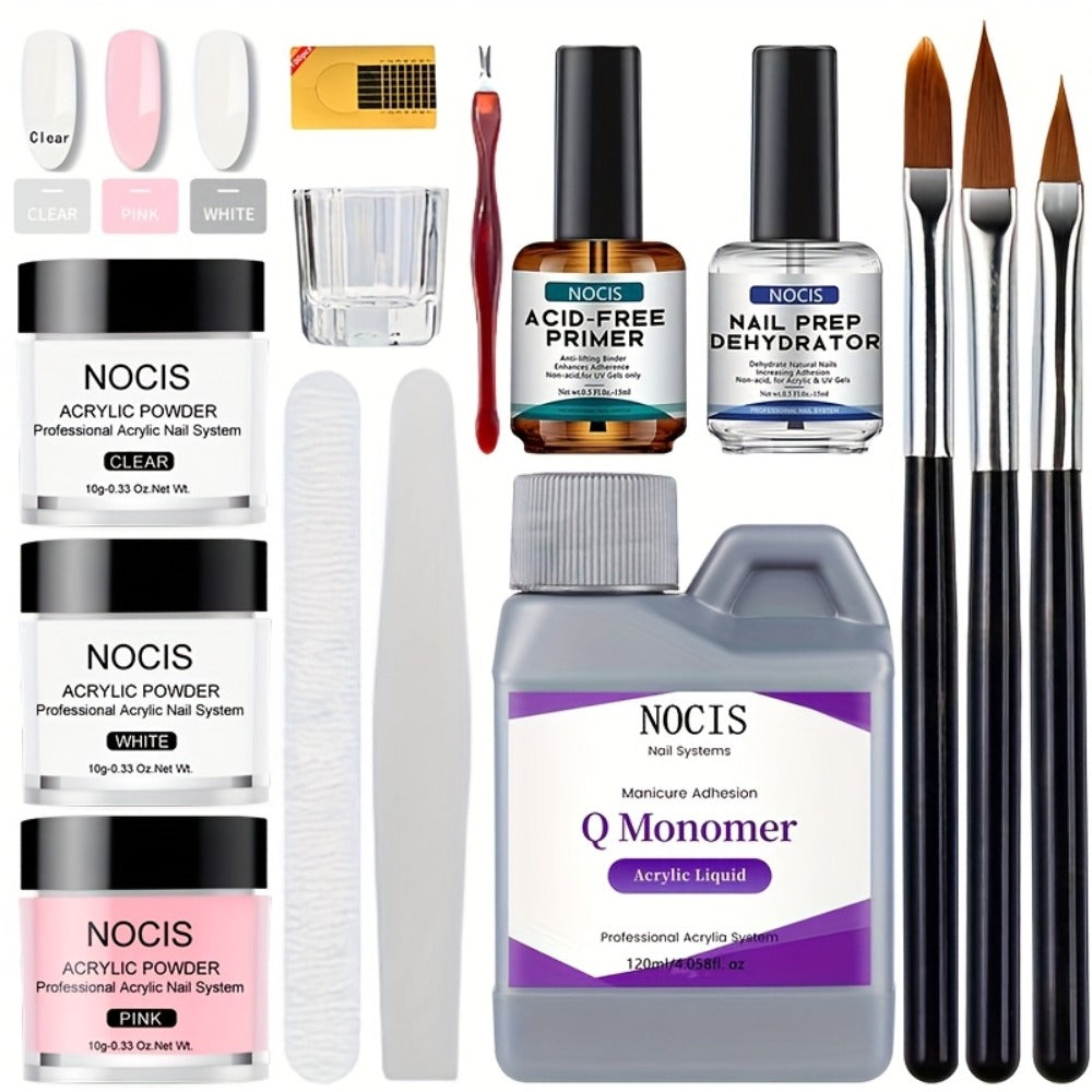 Acrylic Nail Kit NOCIS Three 10g Powders with Q Monomer, Primer, Brush Cleaner, Four Brushes and Mixing Cup