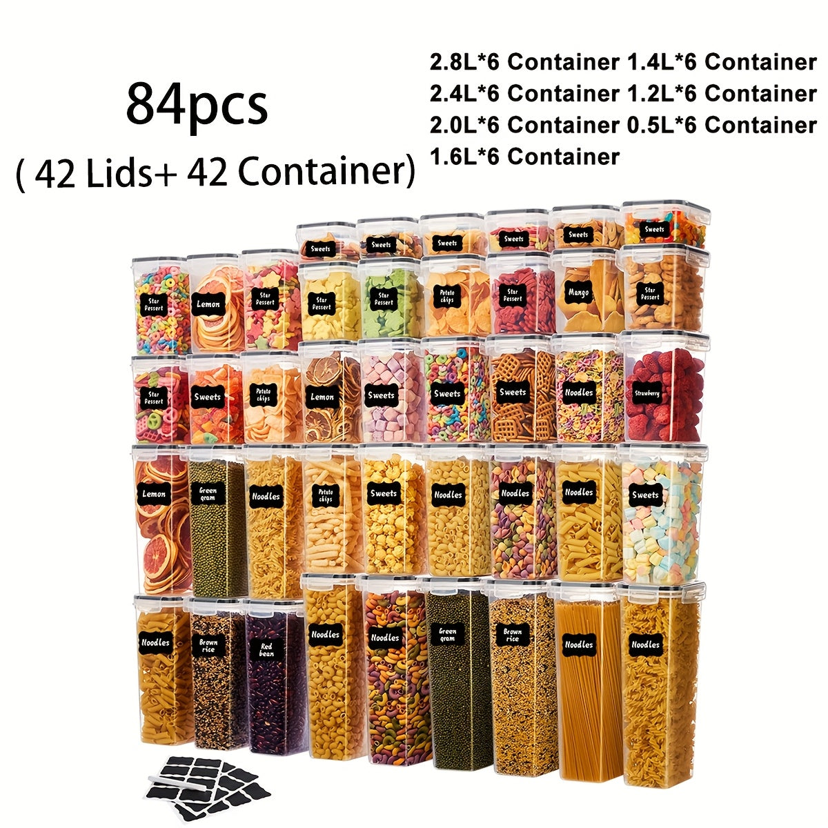 Food Storage Container Pantry Set with Three to 42 Jars, Flip-Top Lids, BPA-Free Plastic and Labels