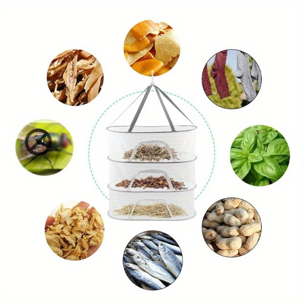 Mesh Drying Rack Foldable 2-3 Layer with Hooks & Zipper Closure, Hanging Herb Drying Net for Herbs