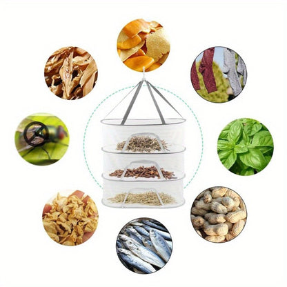 Mesh Drying Rack Foldable 2-3 Layer with Hooks & Zipper Closure, Hanging Herb Drying Net for Herbs