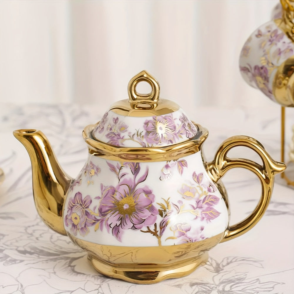 Floral Ceramic Tea Set 20 Pcs – European Porcelain Tea Cups & Saucers with Metal Holder & 15 Oz Teapot – Luxury Arabic Coffee Cup Set
