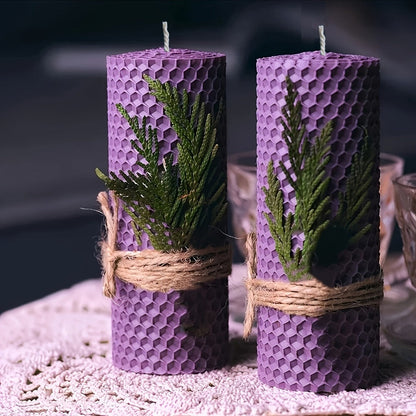 Honeycomb Beeswax Pillar Candles, 10cm by 3.5cm in Yellow, Purple, Red or Blue with Single or Eight-Piece Options