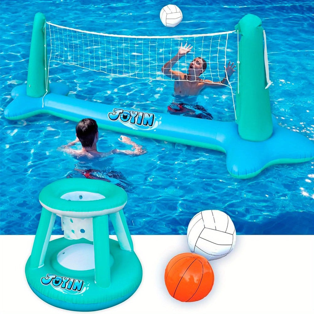 Inflatable Pool Volleyball Set with Basketball Hoop, 2-in-1 Floating Net Court Game for Kids & Adults