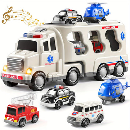 Ambulance Truck Toy 5-in-1 Carrier Set with Lights & Sounds, Friction Power Emergency Vehicle Playset for Kids Boys Ages 3+