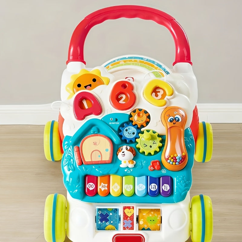 Sit to Stand Baby Push Walker 2-in-1 Adjustable Speed Learning Walker Detachable Play Panel 7-Mode Piano Light-Up Buttons Sound Effects