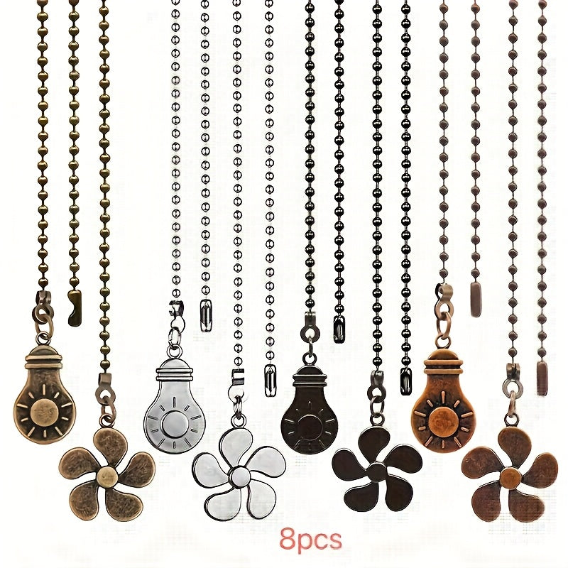 Ceiling Fan Pull Chain Extension Set of 8 – Decorative Bead Chain Pull Cord with Five-Leaf & Bulb Pendants, Iron Chain & Zinc Alloy, Bronze